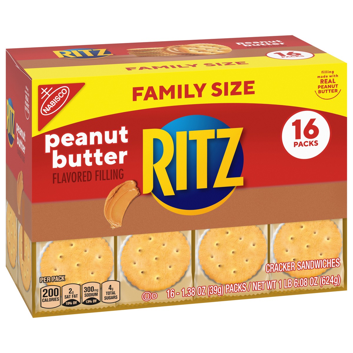 slide 9 of 13, RITZ Peanut Butter Sandwich Crackers, Family Size, 16 - 1.38 oz Snack Packs, 22.08 oz