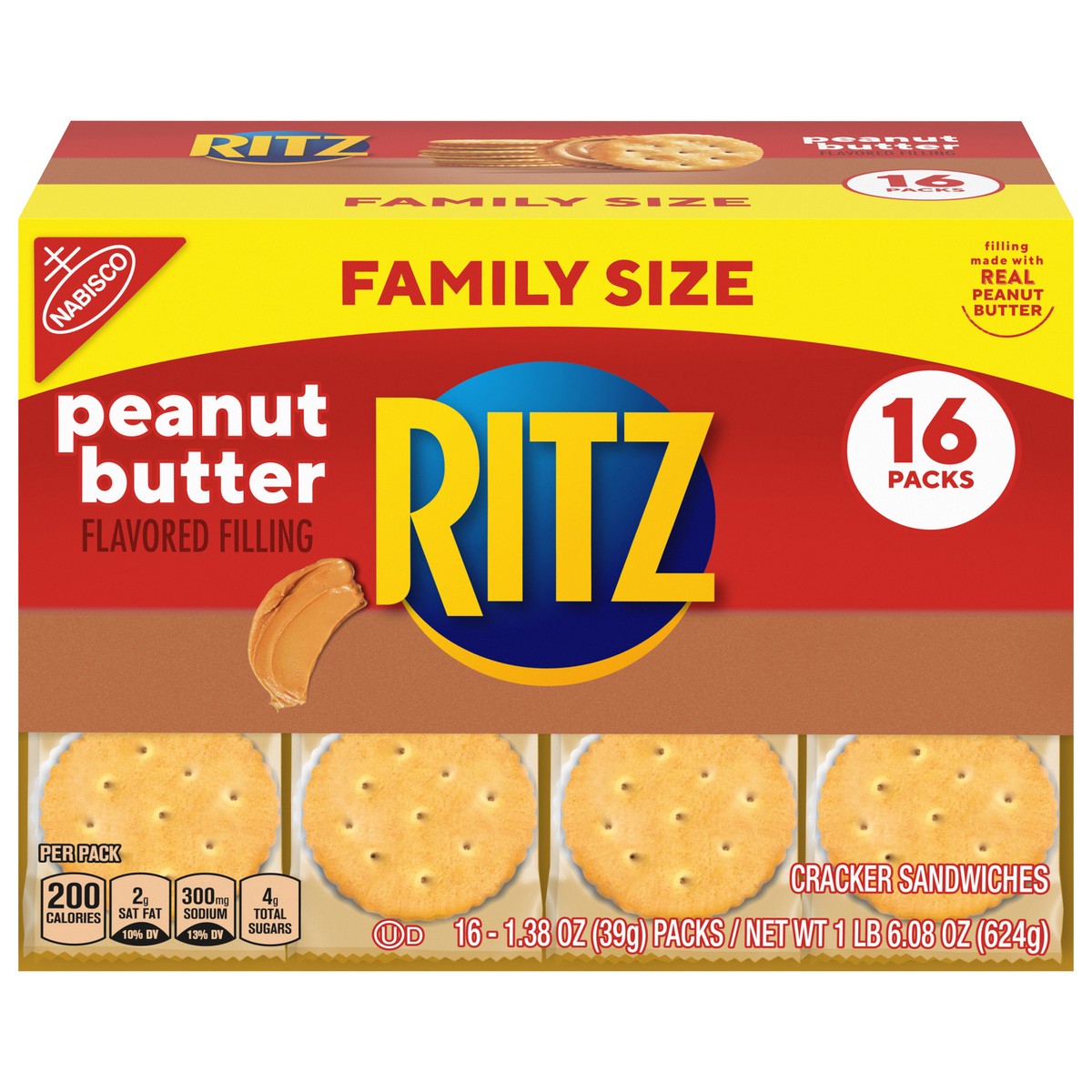 slide 1 of 13, RITZ Peanut Butter Sandwich Crackers, Family Size, 16 - 1.38 oz Snack Packs, 22.08 oz