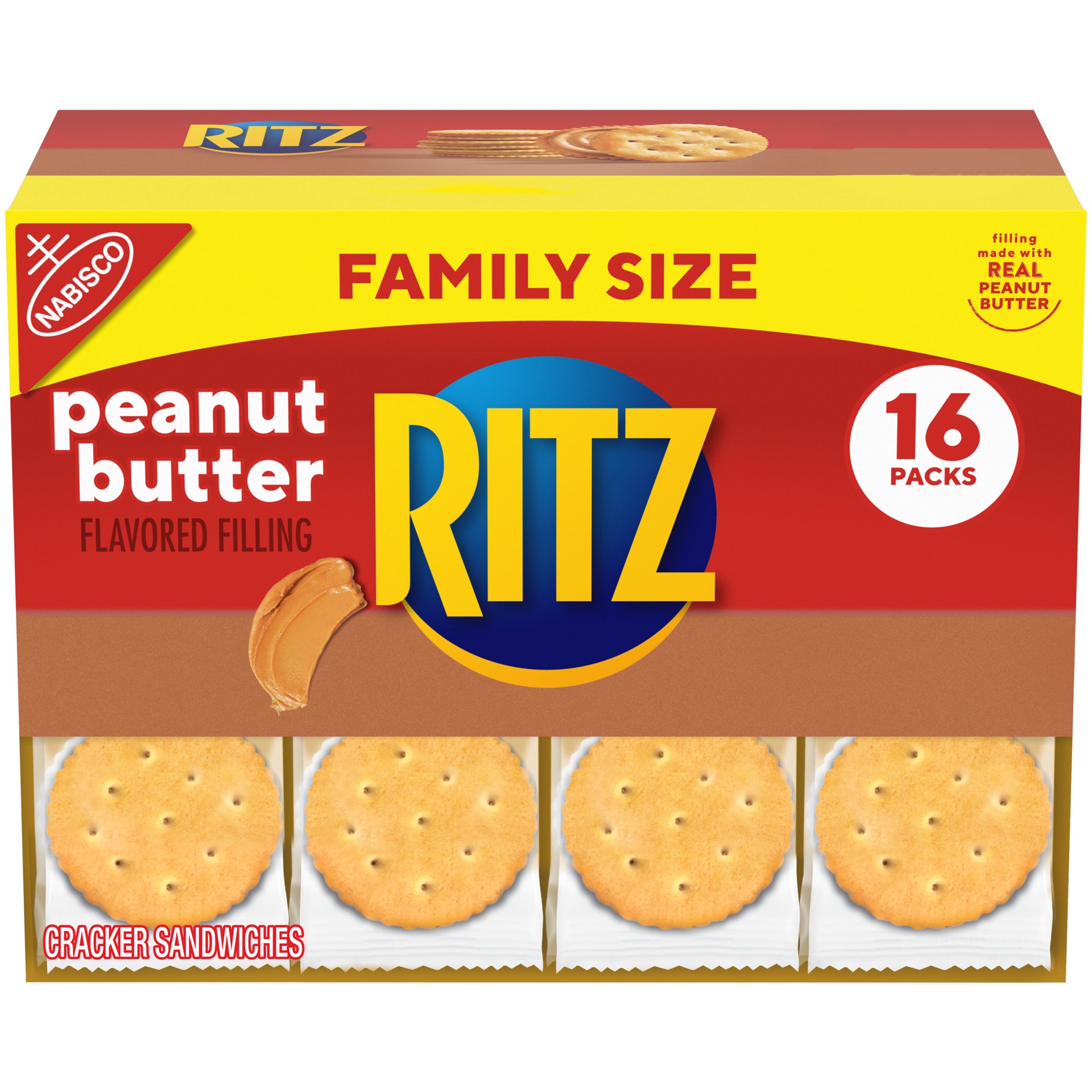 slide 1 of 13, RITZ Peanut Butter Sandwich Crackers, Family Size, 16 Snack Packs (6 Crackers Per Pack), 22.08 oz