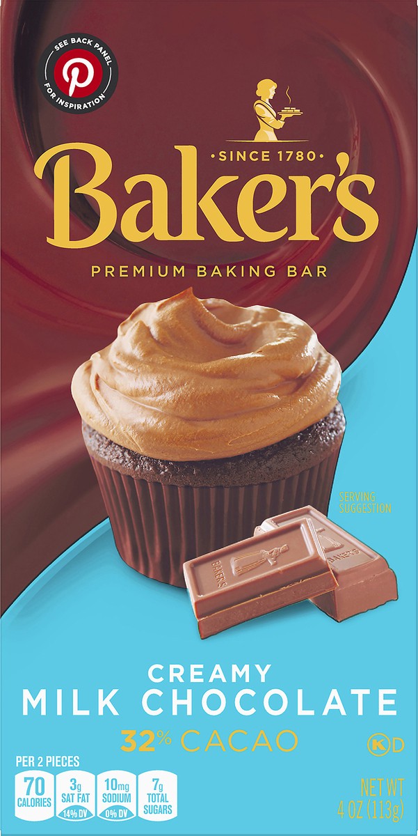 slide 13 of 14, Baker's Creamy Milk Chocolate Premium Baking Bar with 32% Cacao, 4 oz Box, 4 oz