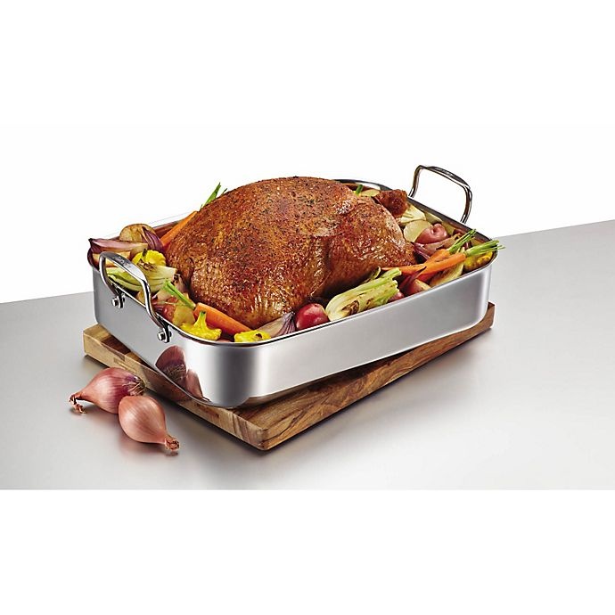 slide 1 of 1, Anolon Tri-Ply Clad Stainless Steel Rectangular Roaster with Nonstick Rack, 17 in x 12.5 in