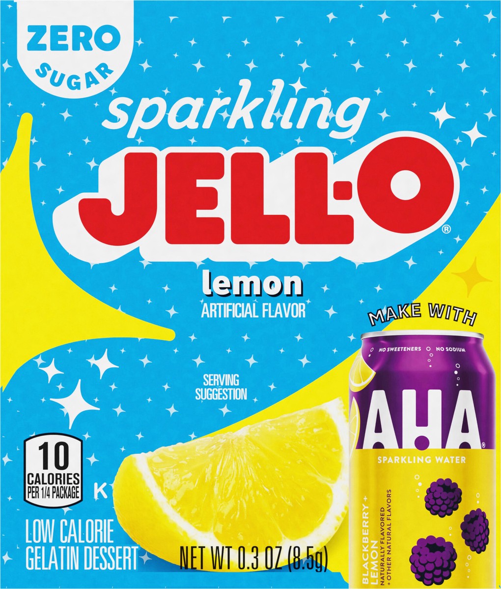 slide 10 of 11, Jell-O Zero Sugar Sparkling Lemon Low Calorie Gelatin Dessert, 0.3 oz Box, 0.3 oz