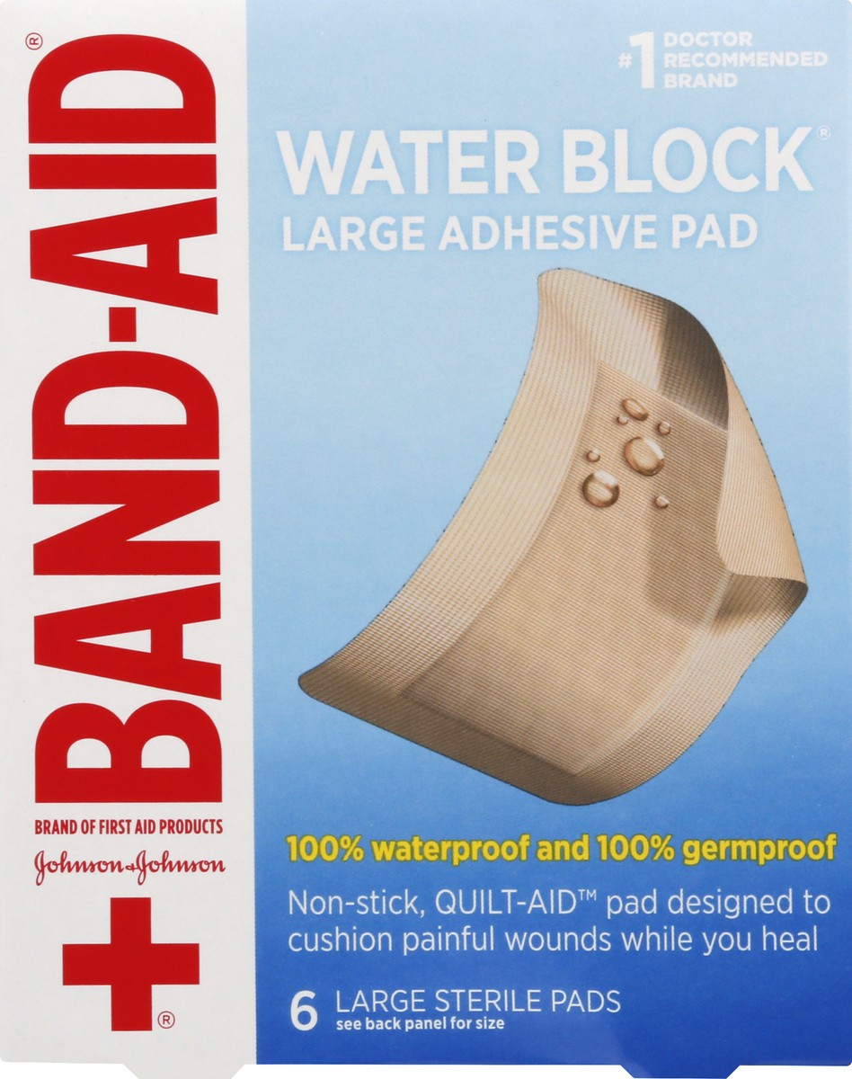 slide 9 of 9, Johnson & Johnson Band-Aid Large First Aid Waterproof Pad, 6 ct