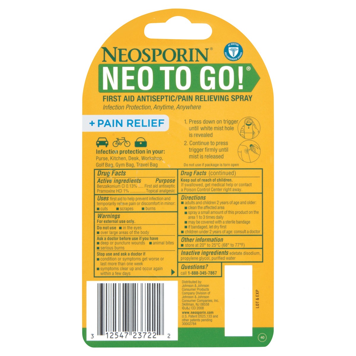 slide 4 of 8, Neosporin + Pain Relief Neo To Go! First Aid Antiseptic/Pain Relieving Spray,.26 Oz, 0.26 fl oz