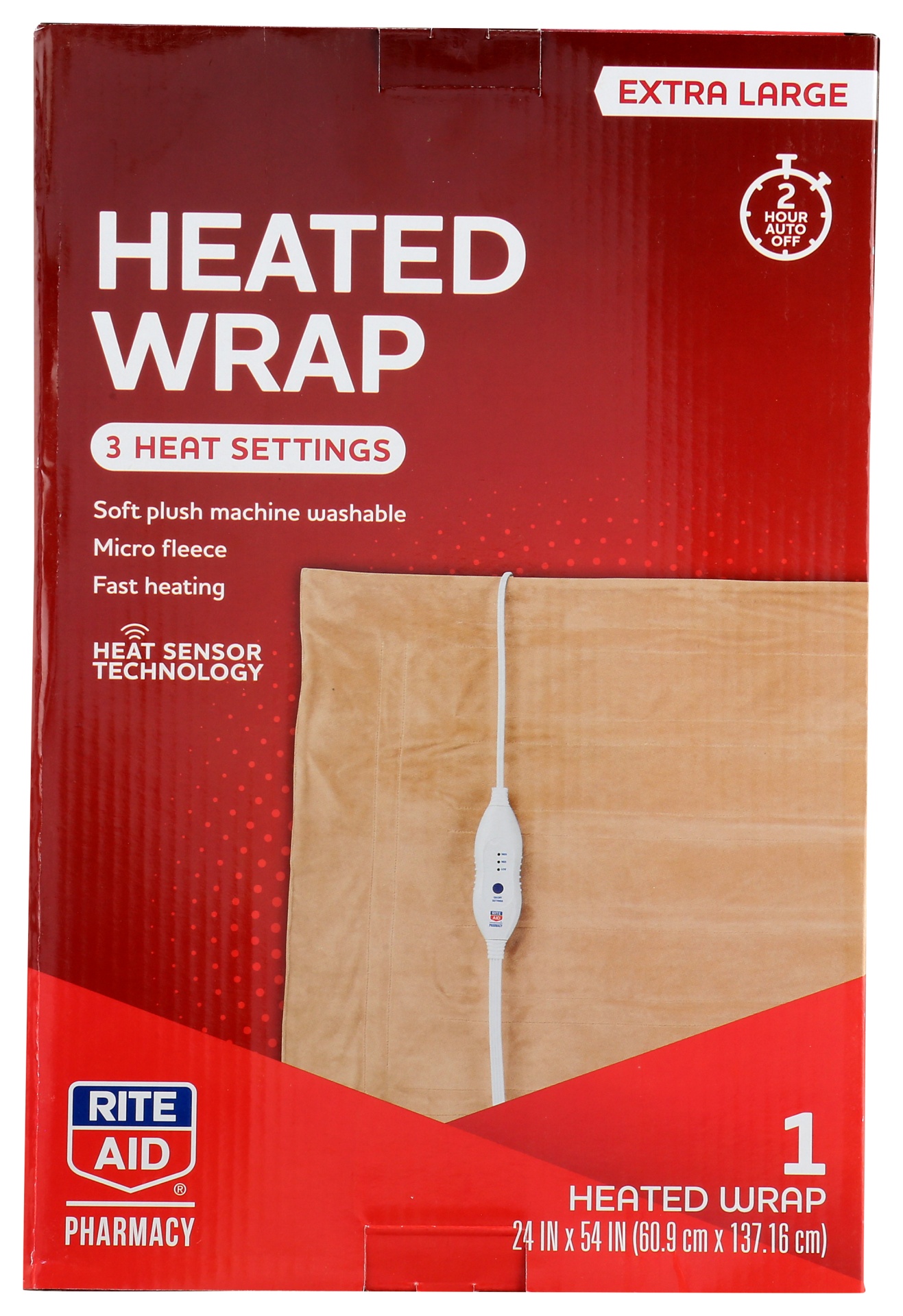 slide 1 of 1, Rite Aid Heated Wrap, 3 Settings, Extra Large, 24 x 54 in, 1 ct