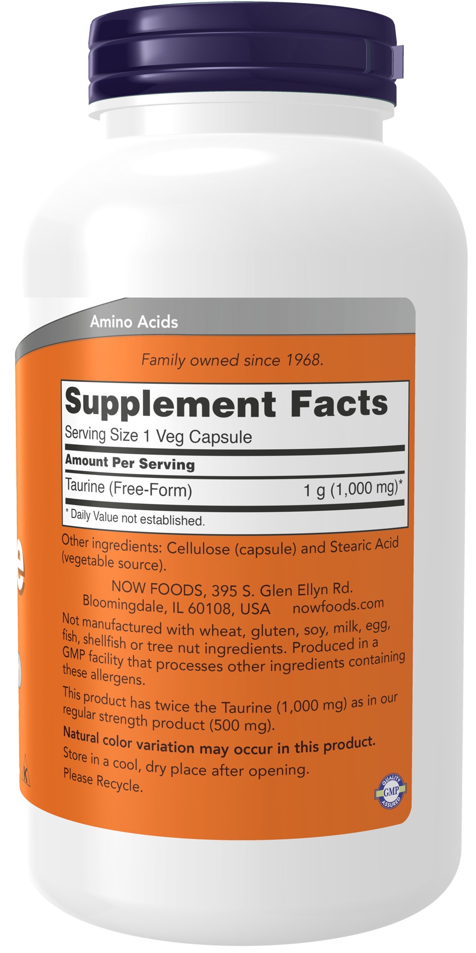 slide 3 of 4, NOW Taurine, Double Strength 1000 mg - 250 Veg Capsules, 250 ct