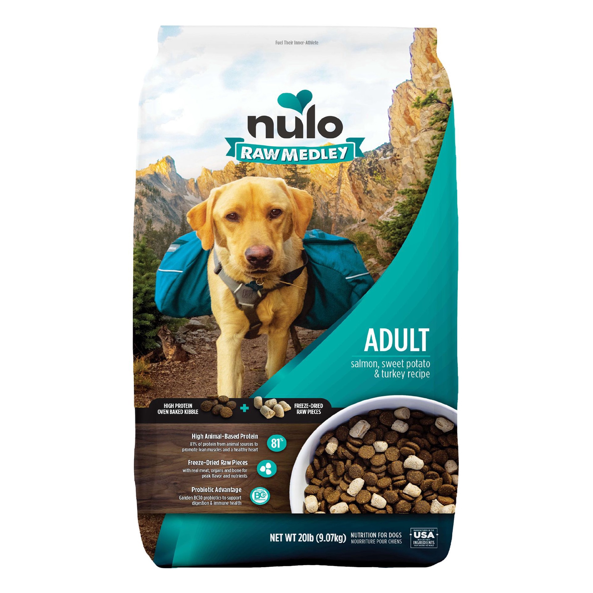 slide 1 of 1, Nulo Raw Medley Adult Dog Food - Kibble Plus Freeze Dried Pieces, Salmon, Sweet Potato & Turkey, 20 lb