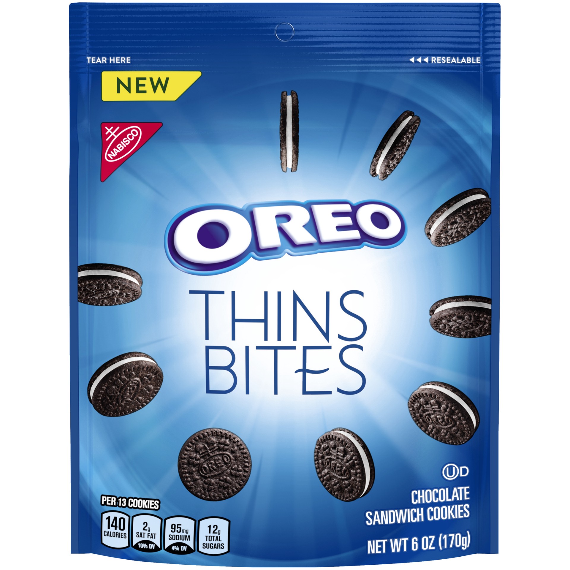 slide 1 of 8, OREO Thins Bites Chocolate Sandwich Cookies, Original Flavor, 1 Resealable 6 oz Pack, 0.39 lb