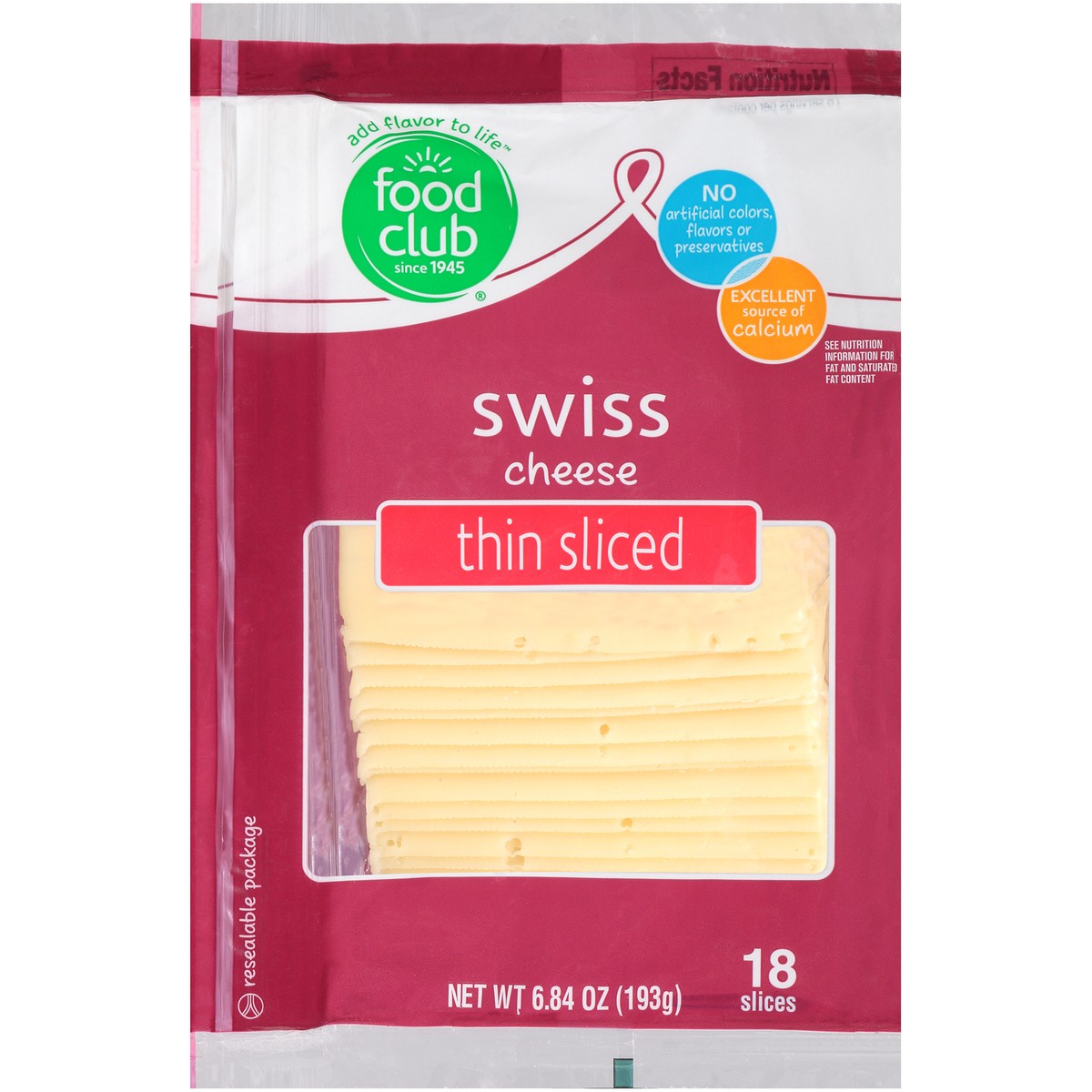 slide 1 of 10, Food Club Swiss Thin Sliced Cheese, 6.84 oz