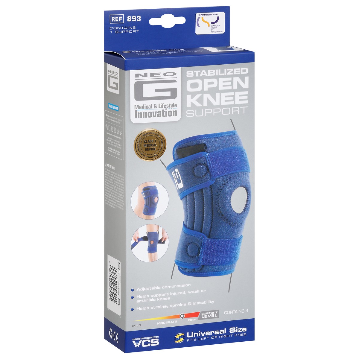 slide 5 of 9, Neo G Stabilized Open Knee Support Universal Size 1 ea, 1 ct