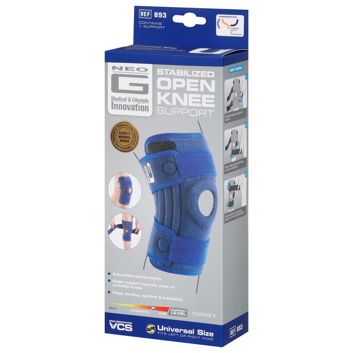slide 3 of 9, Neo G Stabilized Open Knee Support Universal Size 1 ea, 1 ct