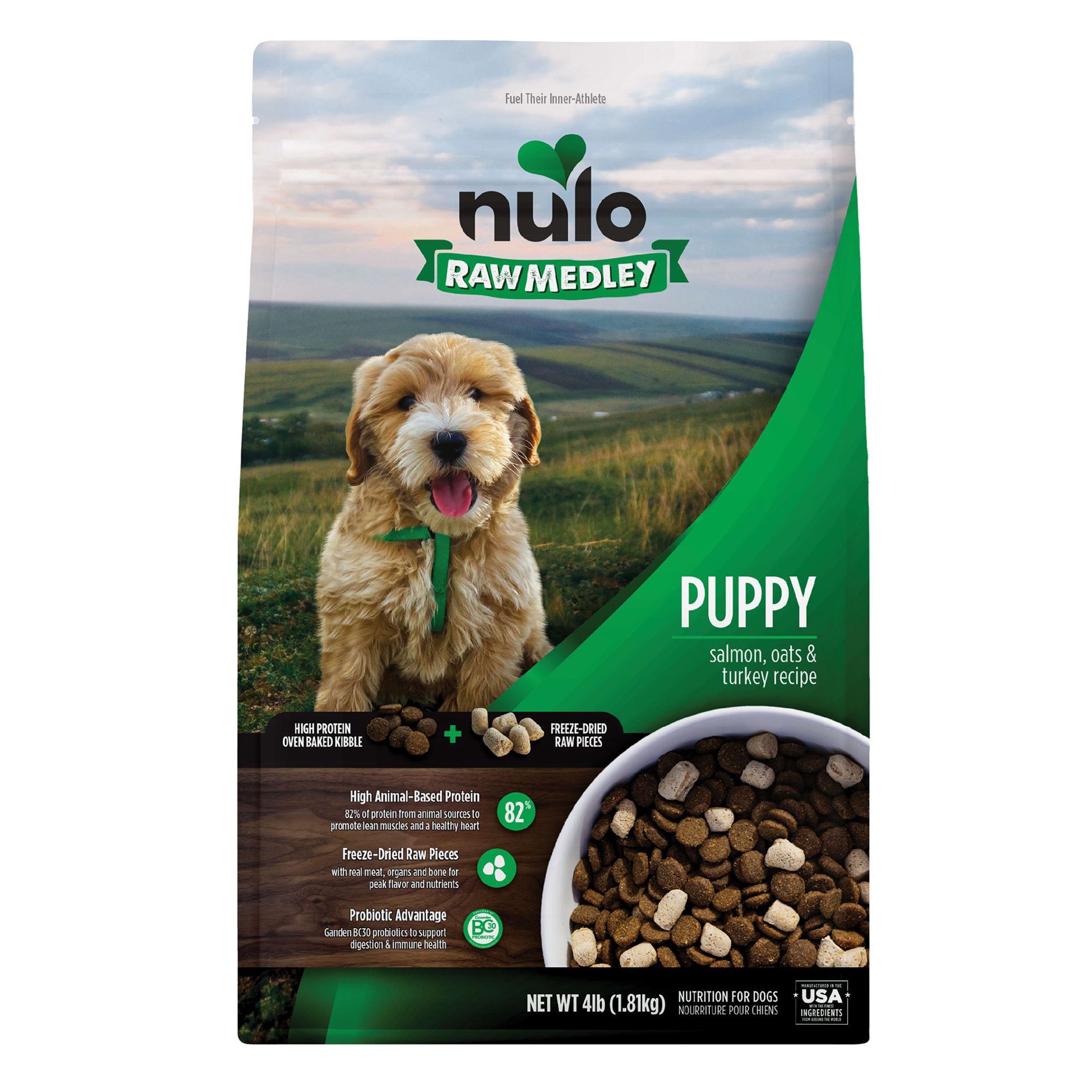 slide 1 of 1, Nulo Raw Medley Puppy Dog Food - Kibble Plus Freeze Dried Pieces, Salmon, Oats & Turkey Recipe, 4 lb