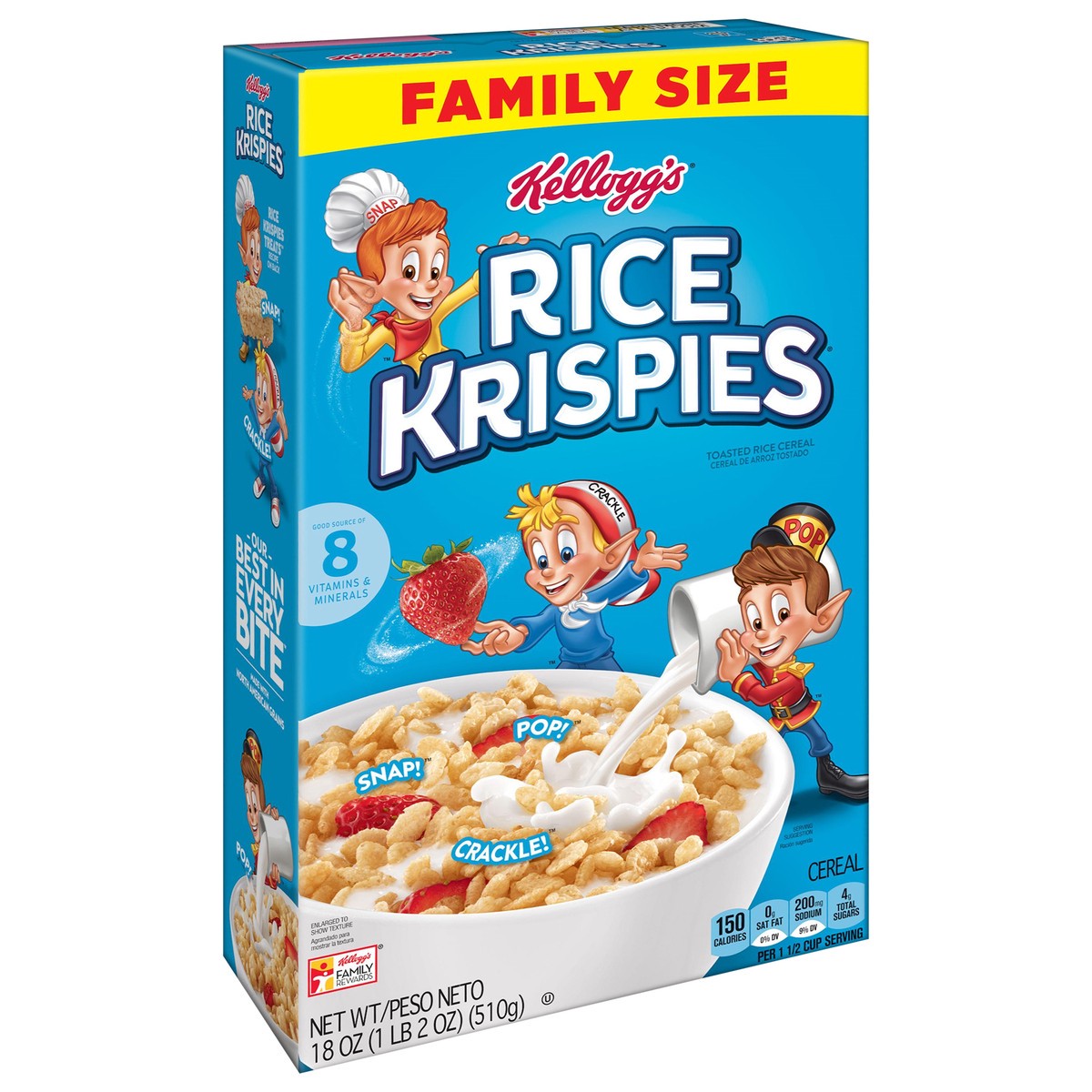 slide 2 of 8, Rice Krispies Kellogg's Rice Krispies Breakfast Cereal, Kids Cereal, Family Breakfast, Family Size, Original, 18oz Box, 1 Box, 18 oz