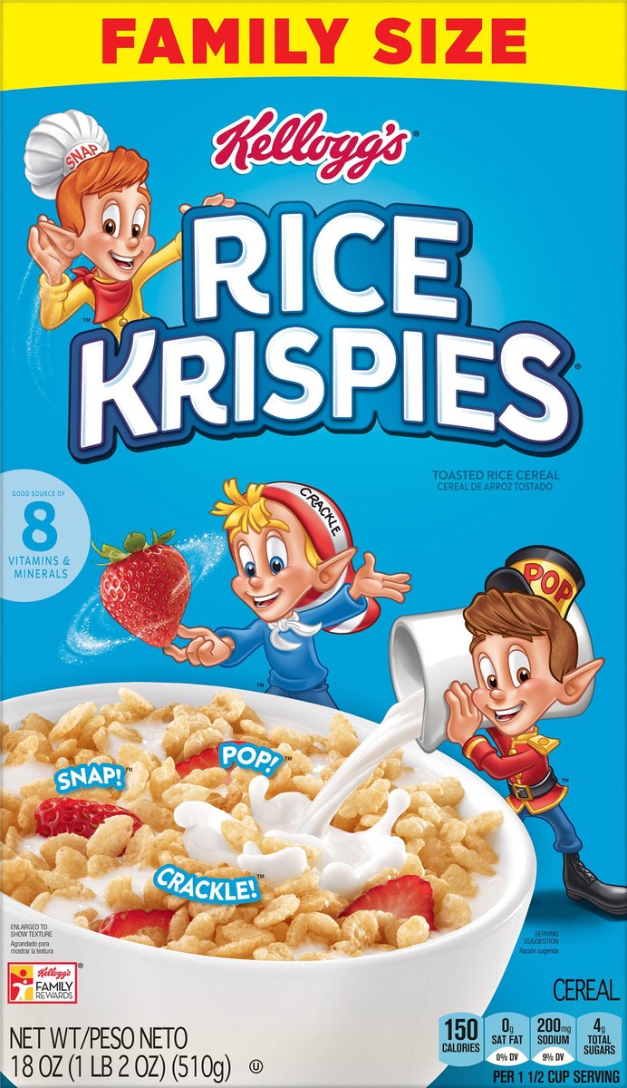 slide 5 of 8, Rice Krispies Kellogg's Rice Krispies Breakfast Cereal, Kids Cereal, Family Breakfast, Family Size, Original, 18oz Box, 1 Box, 18 oz