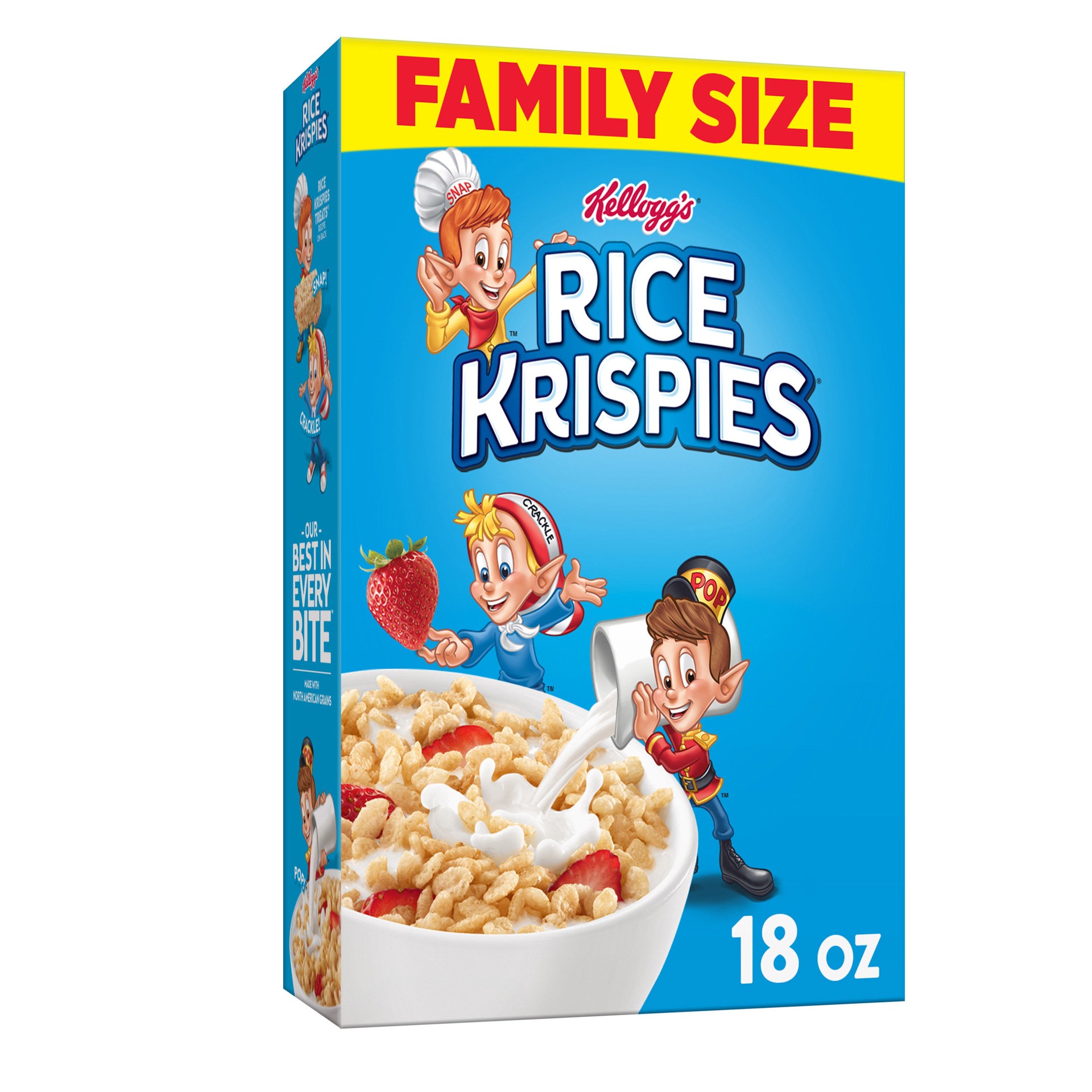 slide 1 of 8, Rice Krispies Kellogg's Rice Krispies Breakfast Cereal, 8 Vitamins and Mineral, Family Size, Original, 18oz Box (1 Box), 18 oz