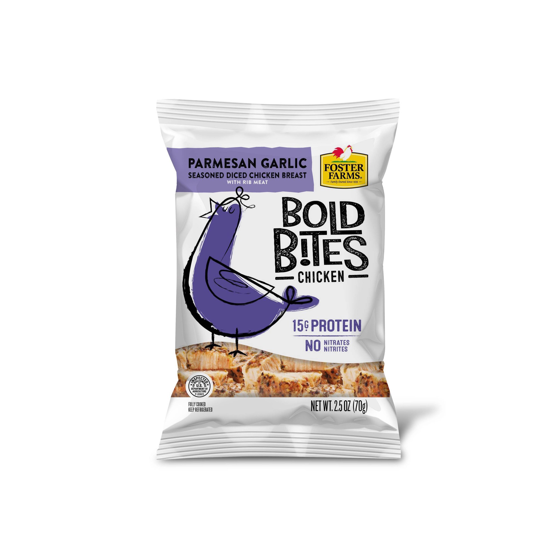 slide 1 of 2, Foster Farms Bold Bites Chicken With Parmesan Garlic Seasoning, 2.5 oz