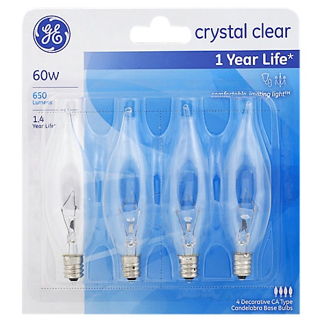 slide 1 of 1, Ge Light Bulbs Crystal Clear Ca Type Candelabra Base 60 Watts, 4 ct