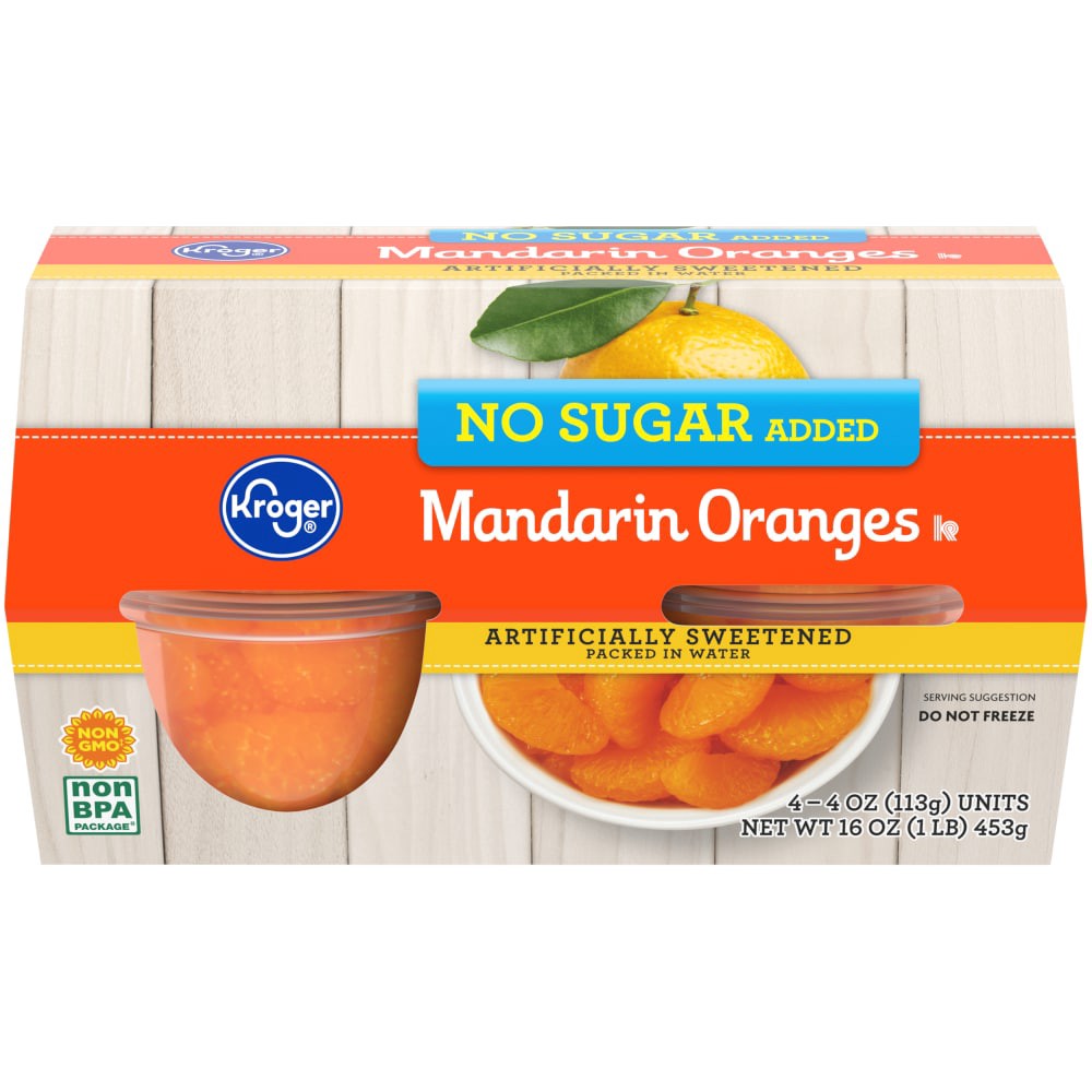 slide 1 of 6, Kroger No Sugar Added Mandarin Oranges Fruit Snack Bowls, 4 ct; 4 oz