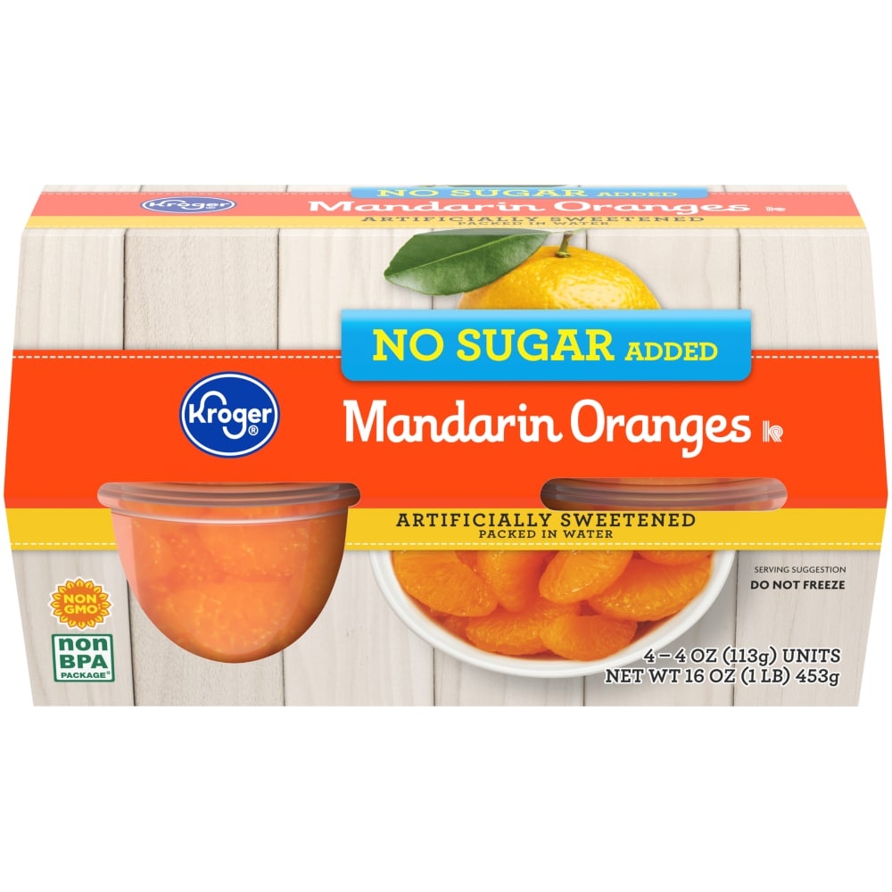 slide 1 of 1, Kroger No Sugar Added Mandarin Oranges Fruit Snack Bowls, 4 ct; 4 oz
