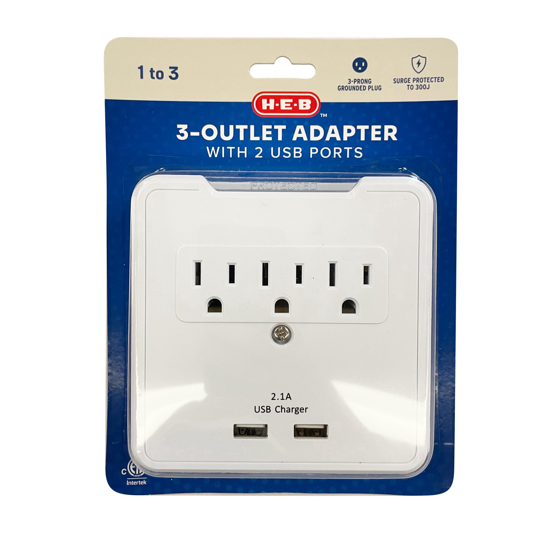 slide 1 of 1, H-E-B 3-Outlet and USB Port Adapter, 1 ct