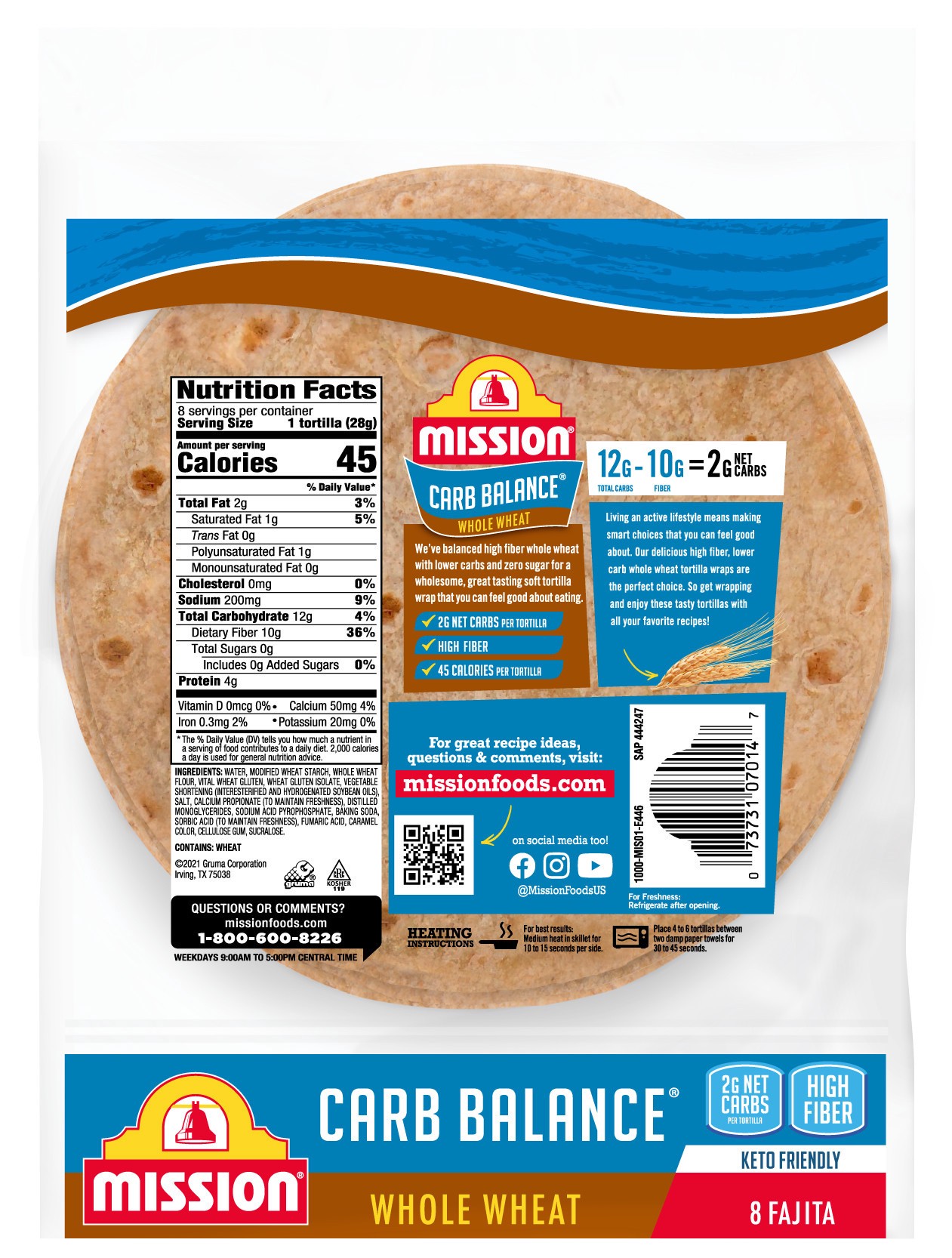 slide 2 of 5, Mission Carb Balance Super Soft Whole Wheat Fajita Tortilla Wraps 8 ea, 8 ct