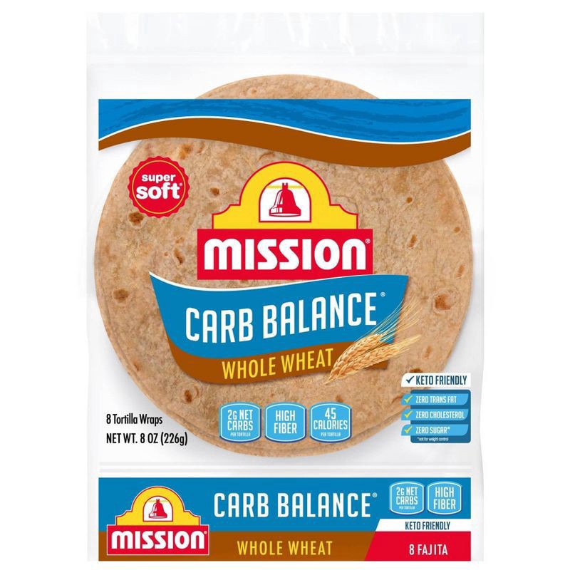 slide 1 of 5, Mission Carb Balance Super Soft Whole Wheat Fajita Tortilla Wraps 8 ea, 8 ct