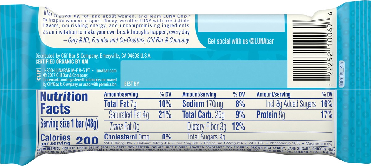 slide 2 of 9, LUNA Bar - Chocolate Dipped Coconut Flavor - Snack Bars - Non-GMO - Gluten-Free Protein Bars - Made with Organic Oats - 1.69 oz, 1.69 oz