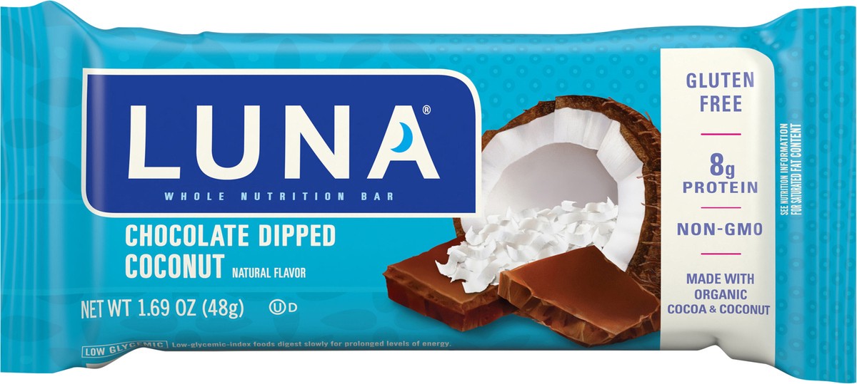 slide 6 of 9, LUNA Bar - Chocolate Dipped Coconut Flavor - Snack Bars - Non-GMO - Gluten-Free Protein Bars - Made with Organic Oats - 1.69 oz, 1.69 oz