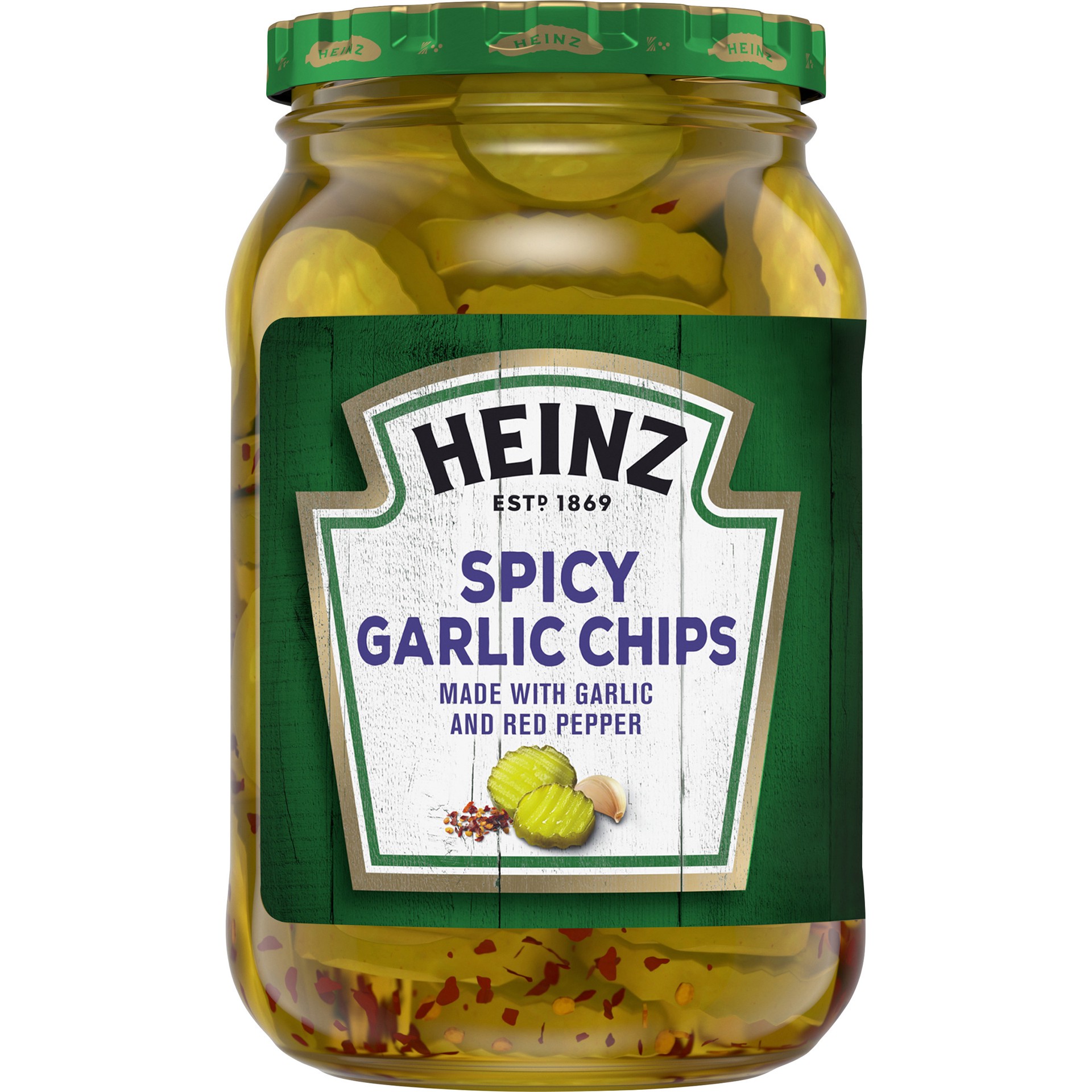 slide 1 of 8, Heinz Spicy Garlic Pickle Chips with Garlic & Red Pepper, 16 fl oz Jar, 16 fl oz