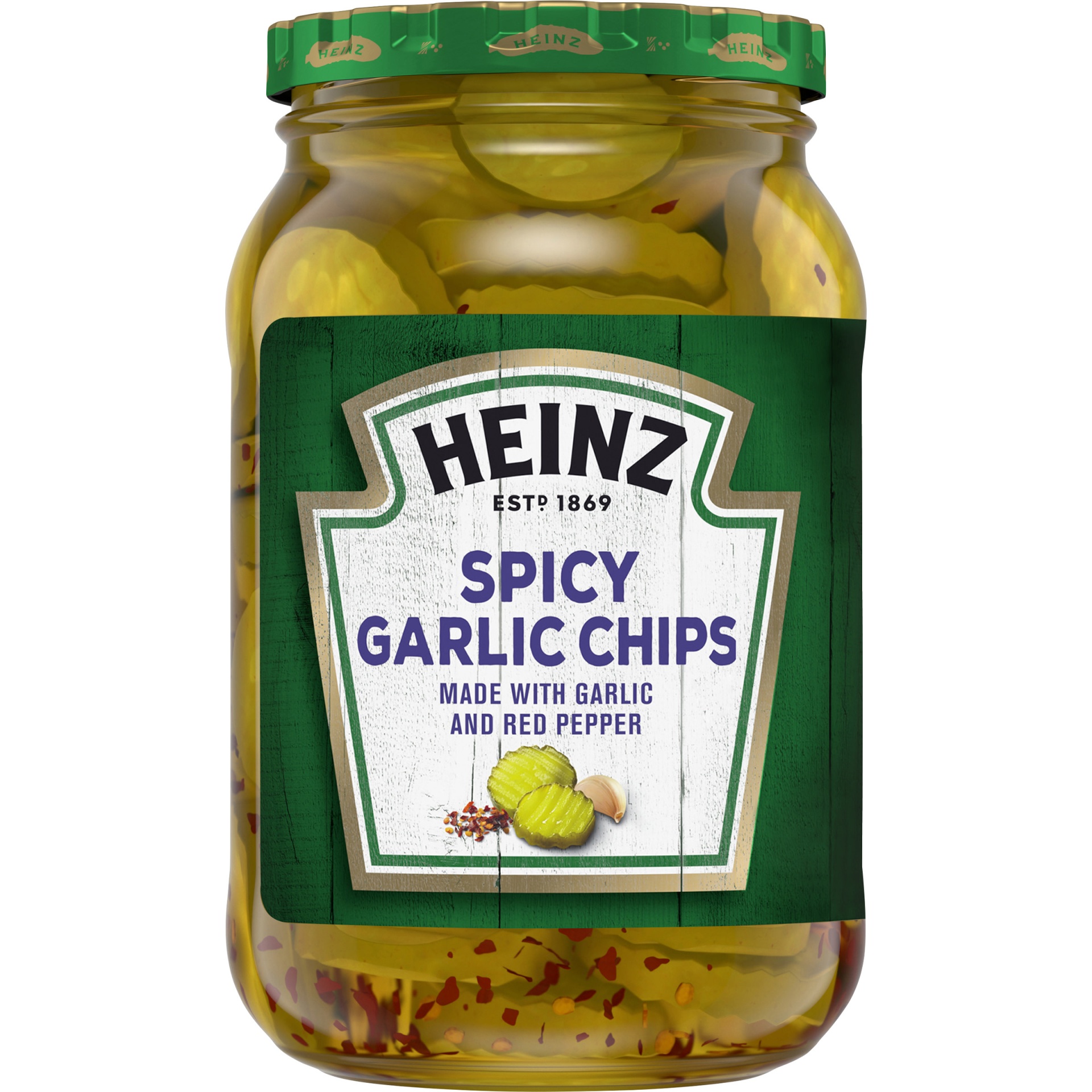 slide 1 of 1, Heinz Spicy Garlic Pickle Chips with Garlic & Red Pepper Jar, 16 fl oz