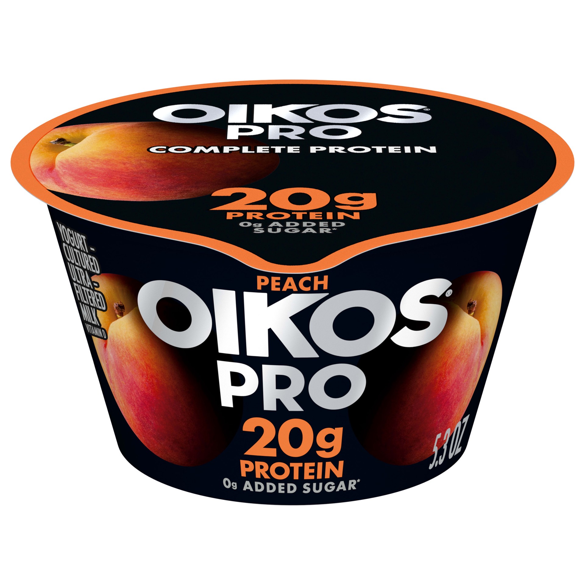 slide 1 of 5, Oikos Pro Peach Yogurt Cultured Ultra-Filtered Milk Product, 20 Grams of Protein, 0g Added Sugar, Just Delicious High Protein Snacks, 5.3 OZ Cup, 5.3 oz