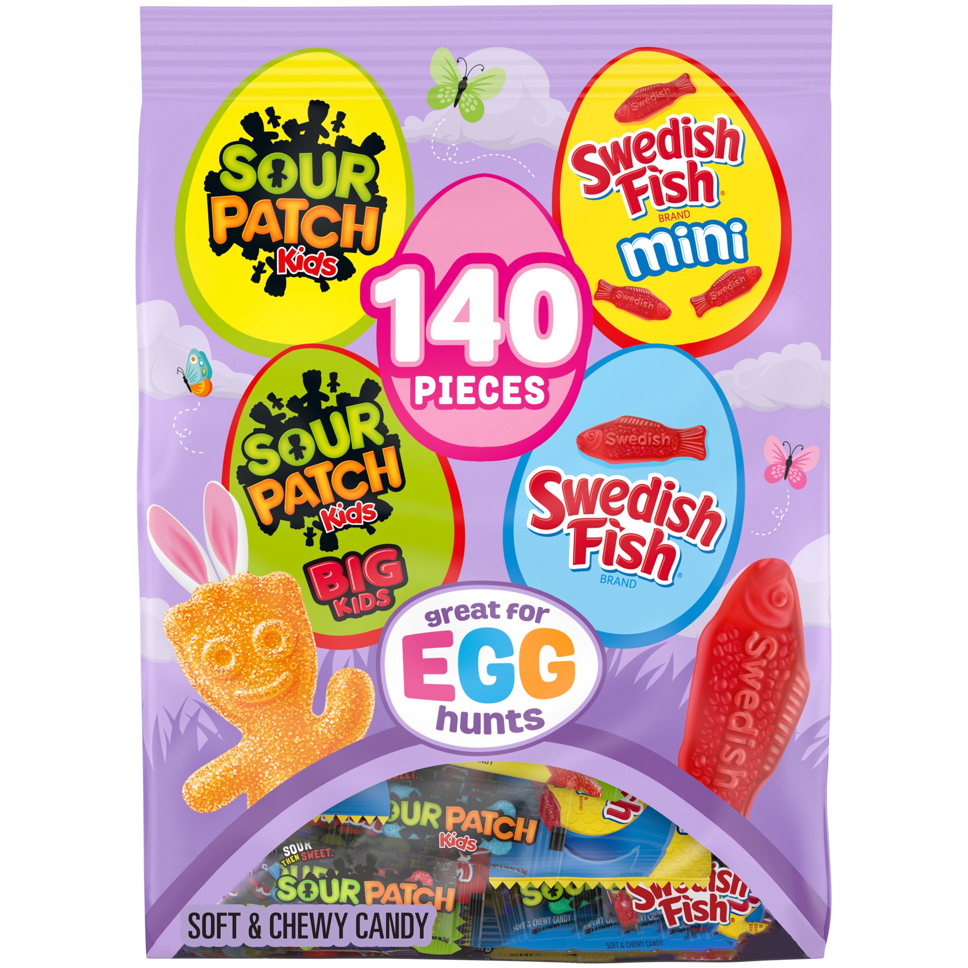 slide 1 of 5, Sour Patch/Swedish Fish Red SOUR PATCH KIDS and SWEDISH FISH Soft & Chewy Candy, Easter Candy Variety Pack, 140 Snack Packs, 41.45 oz