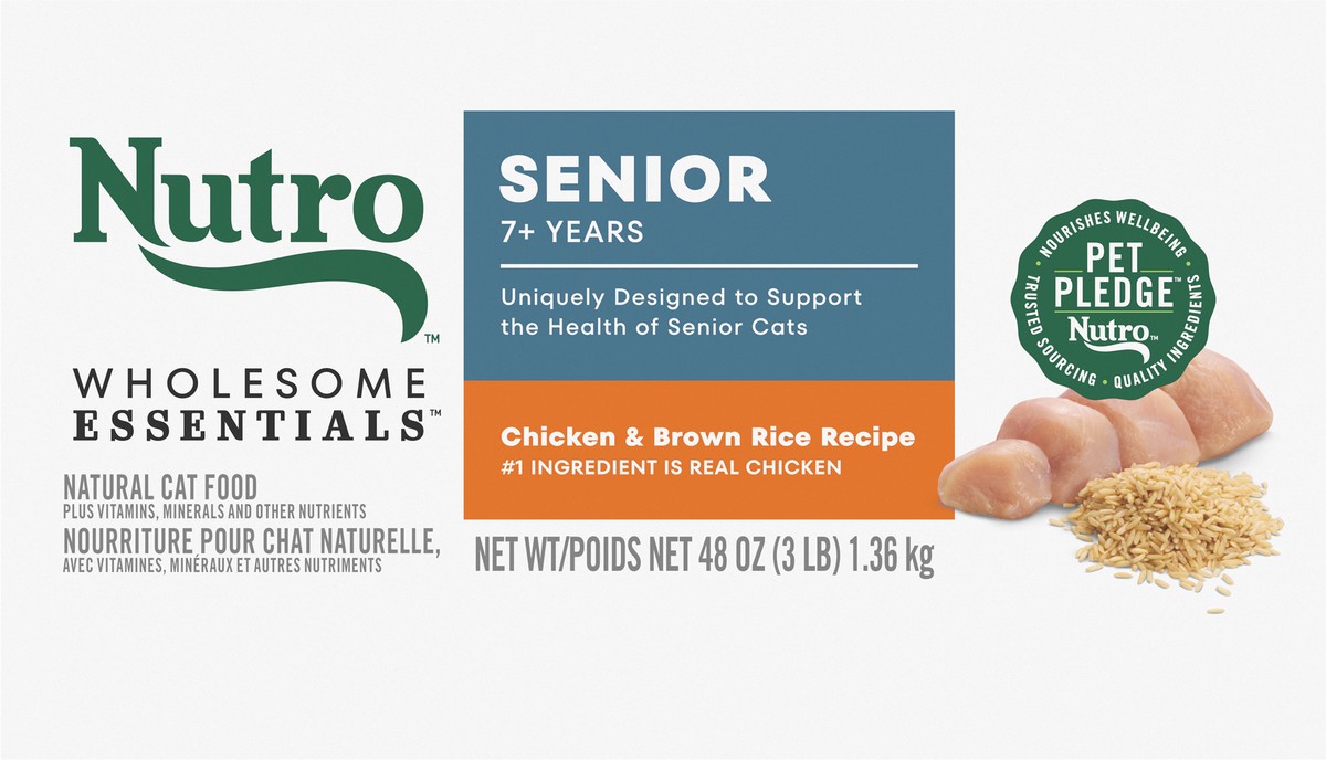 slide 3 of 15, Nutro Wholesome Essentials Natural Senior 7+ Years Chicken & Brown Rice Recipe Cat Food 48 oz, 48 oz