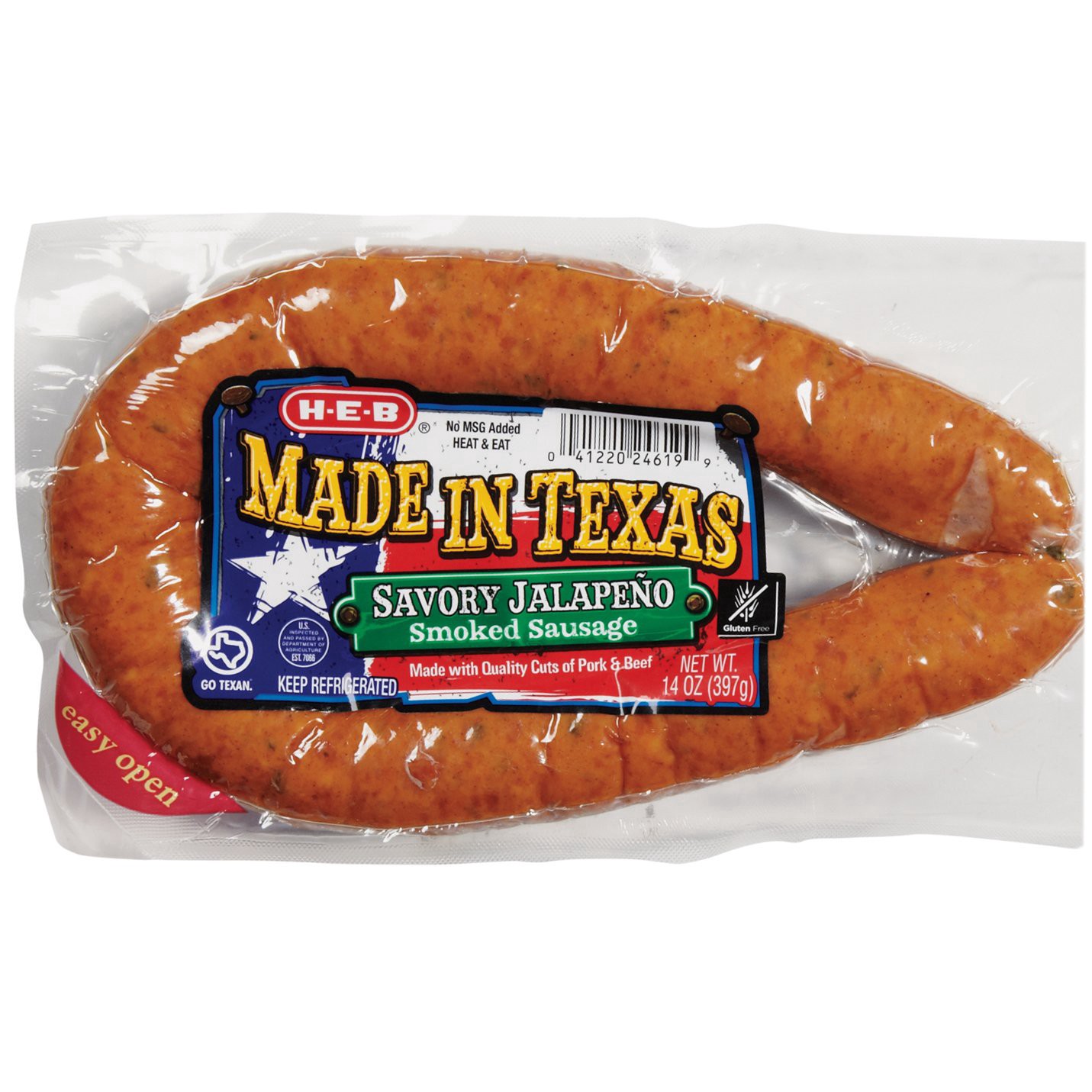 slide 1 of 1, H-E-B Made in Texas Savory Jalapeno Smoked Sausage, 14 oz