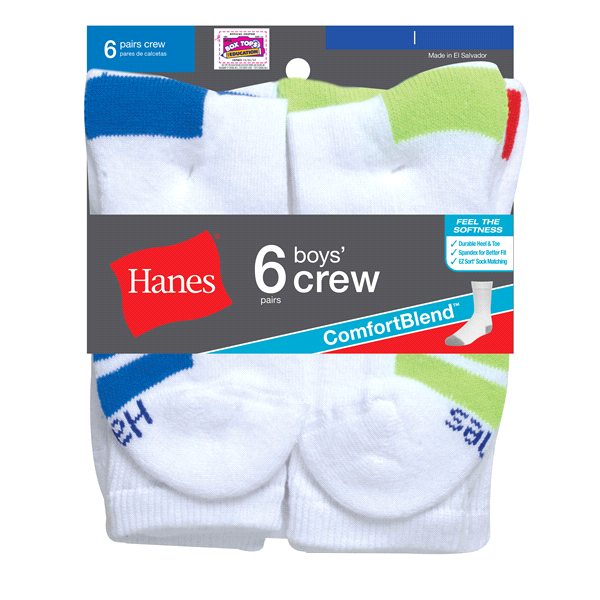slide 1 of 1, Hanes Boys Crew Socks - Large, 6 ct
