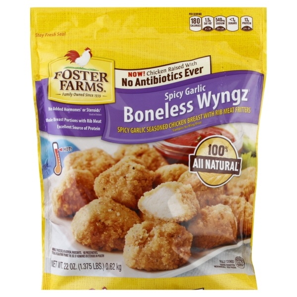 slide 1 of 1, Foster Farms Fully Cooked Nae Boneless Wings Spicy Garlic, 22 oz