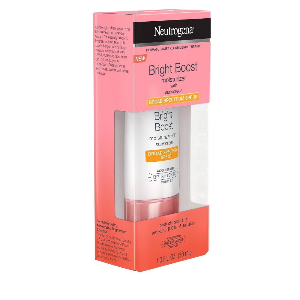 slide 12 of 12, Neutrogena Bright Boost Facial Moisturizer with Broad Spectrum UVA/UVB SPF 30 Sunscreen, Brightening Oil-Free Face Moisturizer with Neoglucosamine, Moringa Seed, Vitamin C & E, 1.0 fl. oz, 1 oz