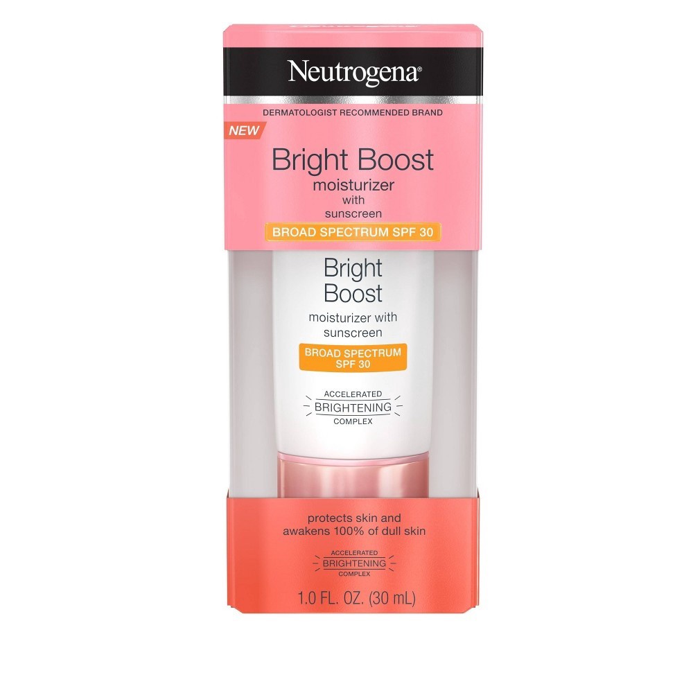 slide 11 of 12, Neutrogena Bright Boost Facial Moisturizer with Broad Spectrum UVA/UVB SPF 30 Sunscreen, Brightening Oil-Free Face Moisturizer with Neoglucosamine, Moringa Seed, Vitamin C & E, 1.0 fl. oz, 1 oz