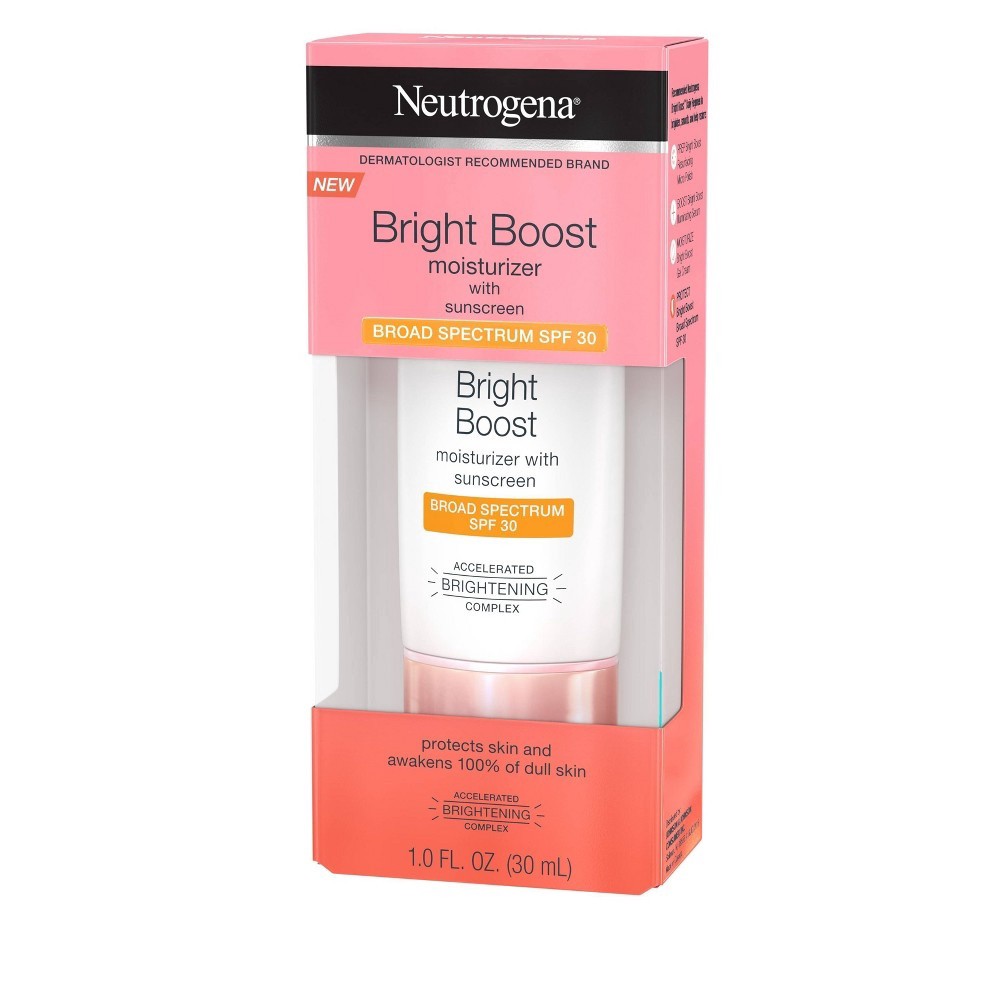 slide 9 of 12, Neutrogena Bright Boost Facial Moisturizer with Broad Spectrum UVA/UVB SPF 30 Sunscreen, Brightening Oil-Free Face Moisturizer with Neoglucosamine, Moringa Seed, Vitamin C & E, 1.0 fl. oz, 1 oz