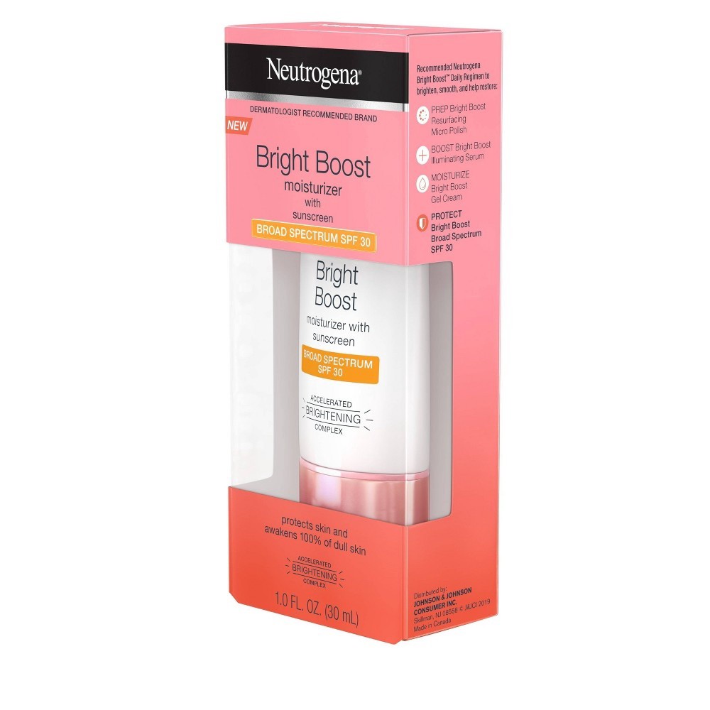 slide 6 of 12, Neutrogena Bright Boost Facial Moisturizer with Broad Spectrum UVA/UVB SPF 30 Sunscreen, Brightening Oil-Free Face Moisturizer with Neoglucosamine, Moringa Seed, Vitamin C & E, 1.0 fl. oz, 1 oz