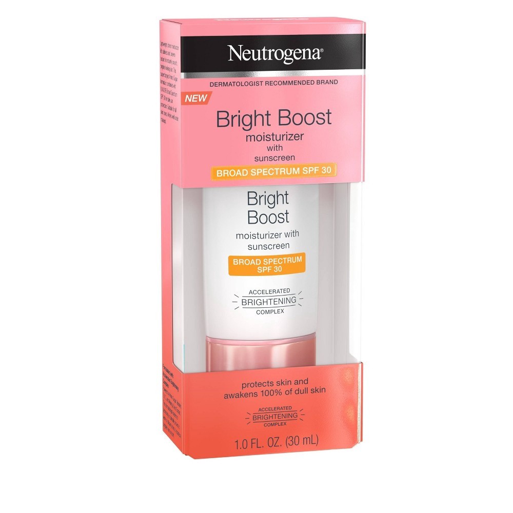 slide 3 of 12, Neutrogena Bright Boost Facial Moisturizer with Broad Spectrum UVA/UVB SPF 30 Sunscreen, Brightening Oil-Free Face Moisturizer with Neoglucosamine, Moringa Seed, Vitamin C & E, 1.0 fl. oz, 1 oz