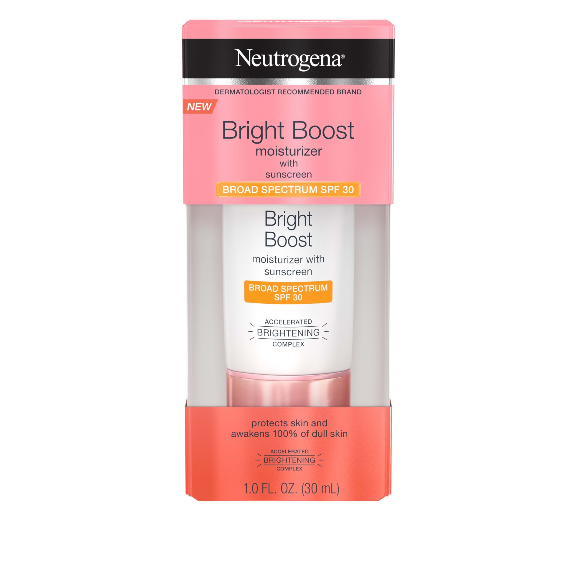 slide 1 of 12, Neutrogena Bright Boost Facial Moisturizer with Broad Spectrum UVA/UVB SPF 30 Sunscreen, Brightening Oil-Free Face Moisturizer with Neoglucosamine, Moringa Seed, Vitamin C & E, 1.0 fl. oz, 1 oz