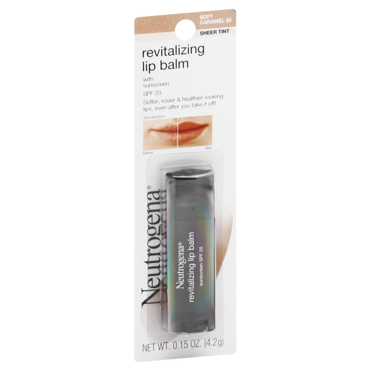 slide 4 of 9, Neutrogena Revitalizing and Moisturizing Tinted Lip Balm with Sun Protective Broad Spectrum SPF 20 Sunscreen, Lip Soothing Balm with a Sheer Tint in Color Soft Caramel 50,.15 oz, 0.15 oz