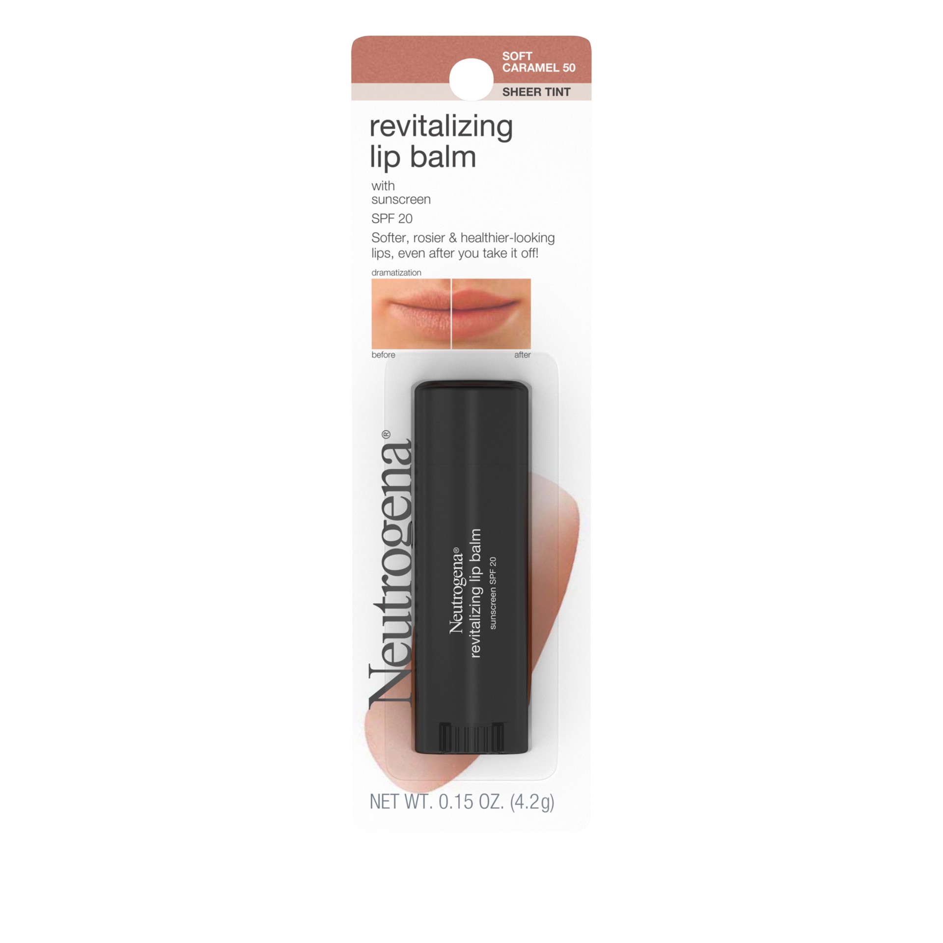 slide 1 of 9, Neutrogena Revitalizing and Moisturizing Tinted Lip Balm with Sun Protective Broad Spectrum SPF 20 Sunscreen, Lip Soothing Balm with a Sheer Tint in Color Soft Caramel 50,.15 oz, 0.15 oz