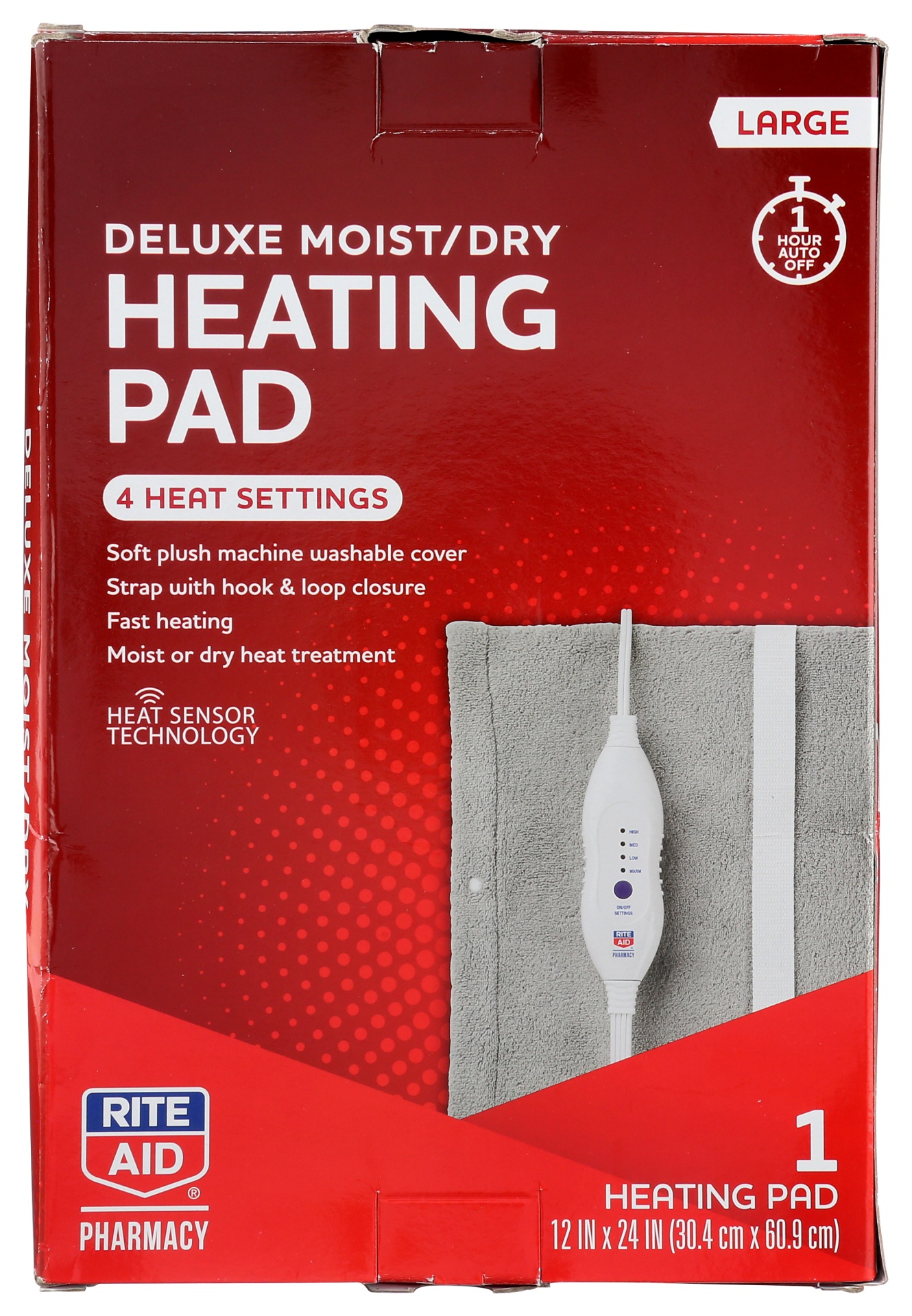 slide 1 of 1, Rite Aid Deluxe Moist/Dry Heating Pad, 4 Settings, Large, 12 x 24 in, 1 ct