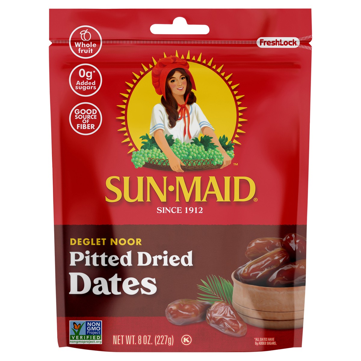 slide 1 of 3, Sun-Maid Deglet Noor Pitted Dried Date 8oz Fresh-Lock Zipper Resealable Stand-Up Bag, 8 oz