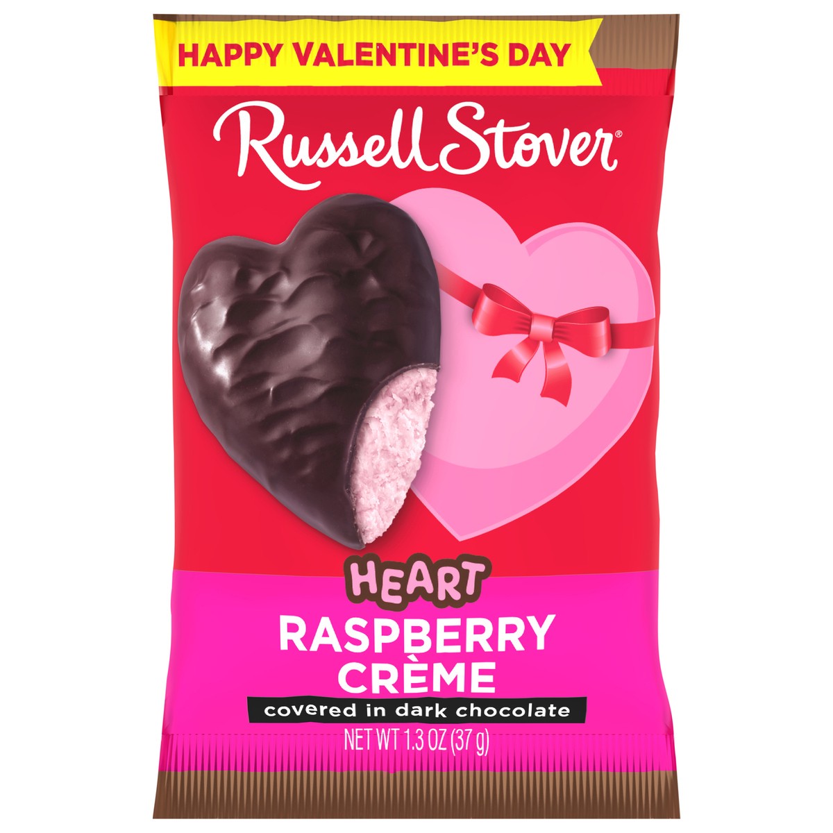 slide 1 of 3, RUSSELL STOVER Valentine's Day Dark Chocolate Raspberry Crème Heart, 1.3 oz., 10 oz