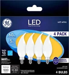 GE LED 60W Frost Decorate Candelabra Base Bent Tip Soft White Dimmable Light Bulb 4-Pack