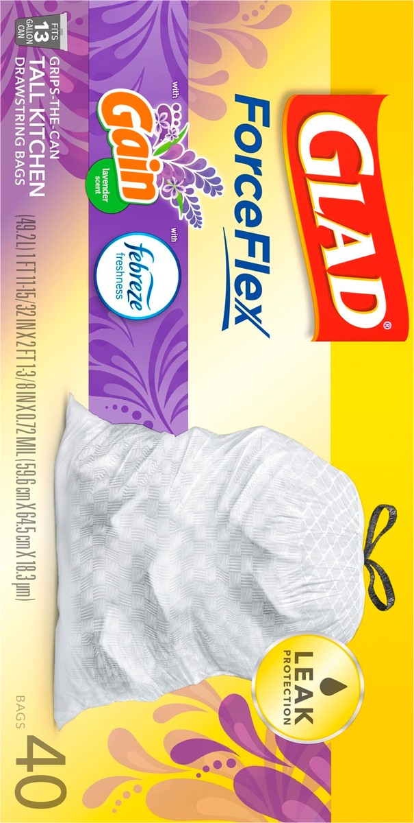 slide 6 of 7, Glad Force Flex Drawstring Gain Lavender Odor Shield 13 gal 40ct, 40 ct