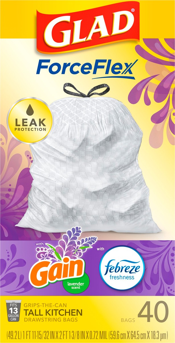 slide 2 of 7, Glad Force Flex Drawstring Gain Lavender Odor Shield 13 gal 40ct, 40 ct